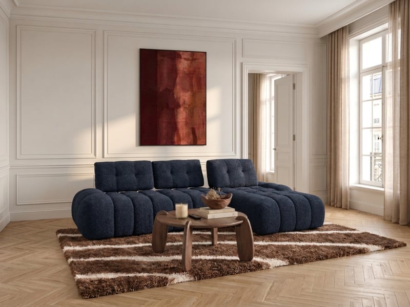  Bobochic canapé d'angle avec dossier avance recule apollon en tissu bouclette bleu  angle droit APOLLON - Conforama D
