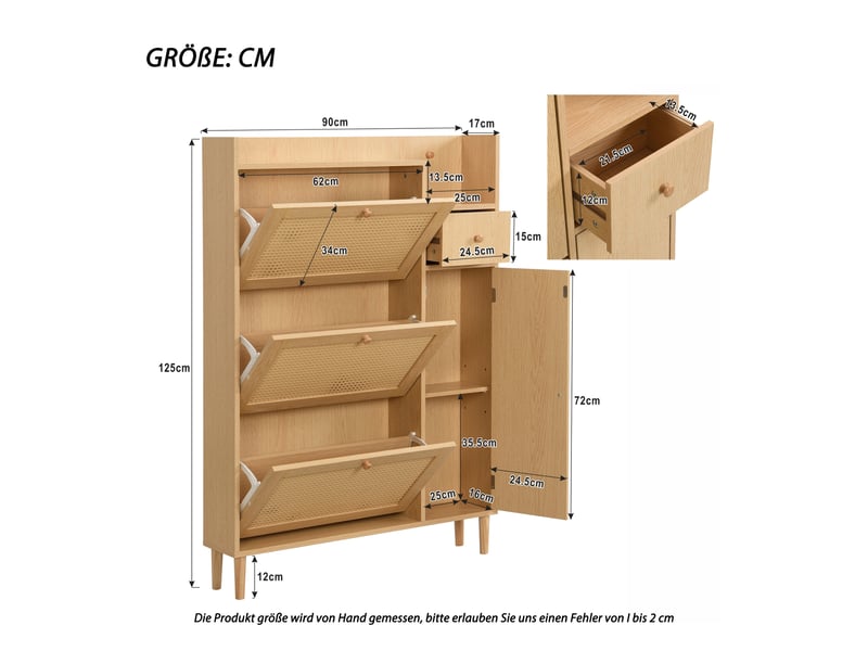  Meuble à chaussures - 90x17x125cm - meuble d'entrée 3 portes abattantes, 1 tiroir, cannage rotin - blanc &amp; bois  - Conforama E