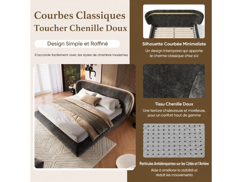  Lit double 160 x 200 cm en chenille grise avec tête de lit et sommier à lattes  - Conforama E