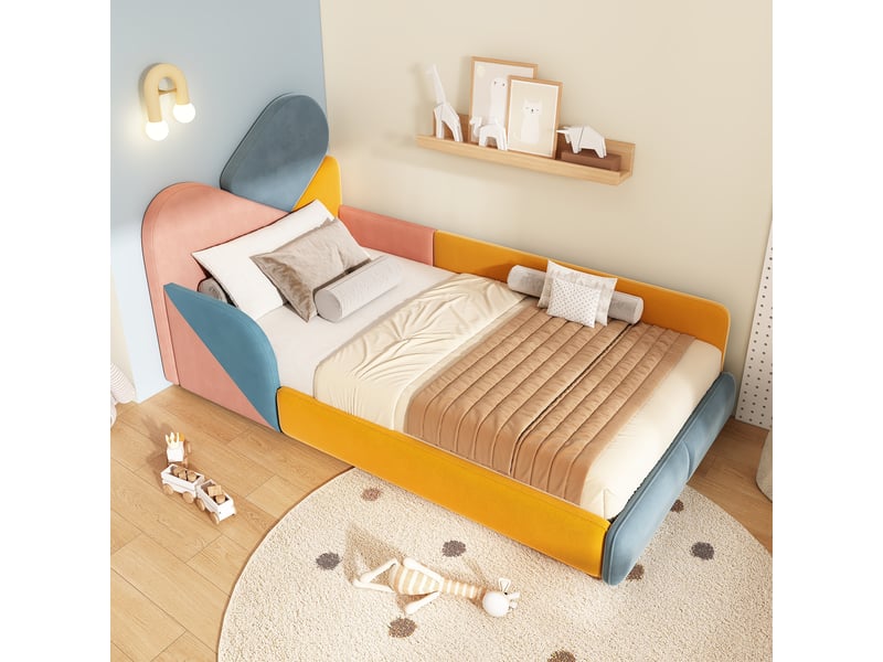  Lit simple 90x200 cm, lit enfant, barrière antichute, tête de lit rembourrée, velours bleu et multicolore  - Conforama C