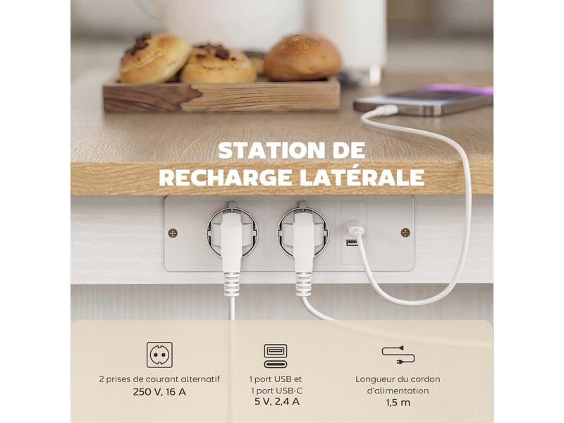  Îlot de cuisine avec station de charge 2 tiroirs blanc 120 x 71 x 89 cm  - Conforama D