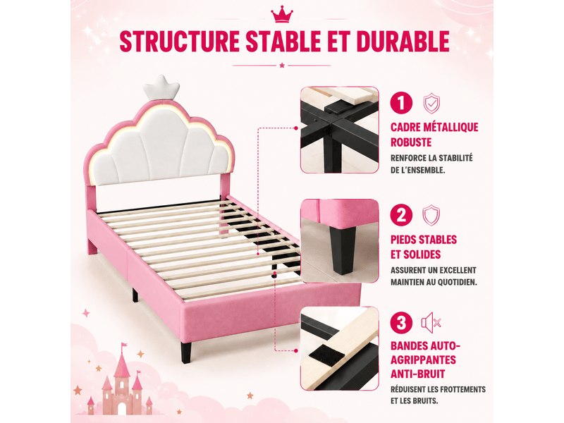 Lit princesse avec tête de lit couronne et lumières led, 90 x 200cm, lit enfant fille avec sommier à lattes,réglage hauteur - Conforama R