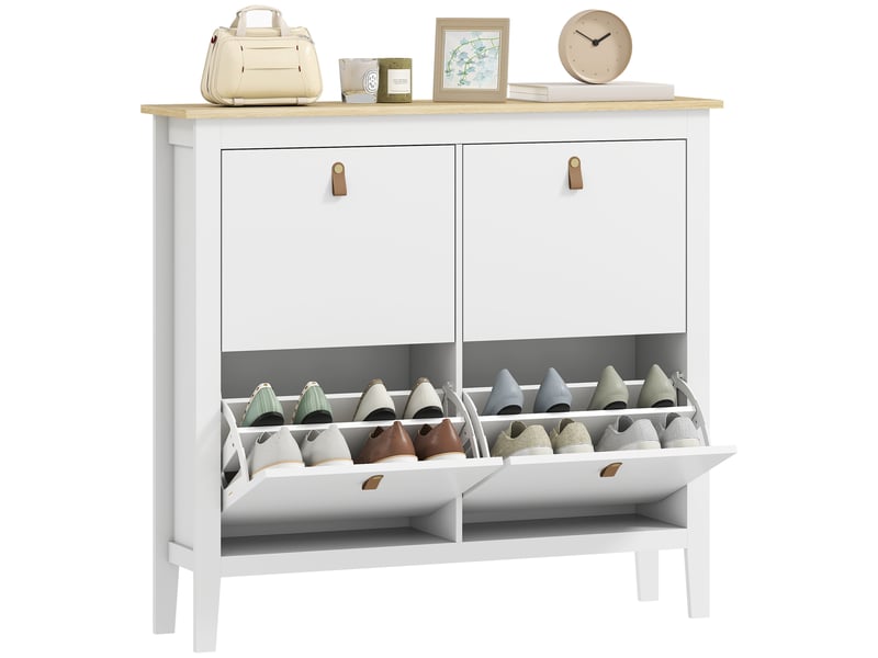  Étagère à chaussures étroite à 4 compartiments avec poignées en similicuir pour entrée et couloir, 105 x 24 x 95,5 cm, blanc et bois  - Conforama A
