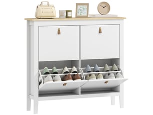 Étagère à chaussures étroite à 4 compartiments avec poignées en similicuir pour entrée et couloir, 105 x 24 x 95,5 cm, blanc et bois