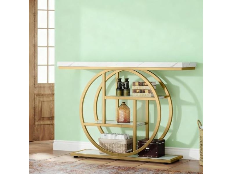  Console table d'entrée à 4 niveaux en bois et métal blanc et doré 105x30x80 cm  - Conforama E