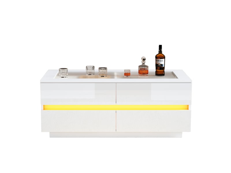  Table basse blanche moderne 100 x 50 x 40 cm, avec 4 tiroirs, éclairage led, plateau en verre trempé et façades brillantes. Table de salon robuste en panneaux de particules supportant une charge de 35 kg.  - Conforama A