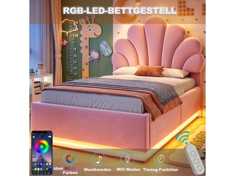  Lit coffre 90 × 200 cm 1 place avec led réglable et tête de lit fleur, sans matelas, en velours rose  - Conforama E