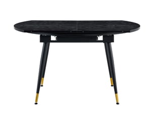 Table à manger extensible moderne - ronde à ovale - plateau accents dorés, pieds, gain de place - métal, mdf - noir