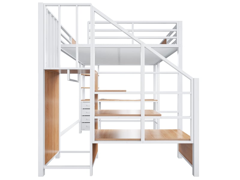  Lit mezzanine 140x200 cm en métal avec bureau, penderie, étagères, led et prise européenne, blanc Fay Lum - Conforama R