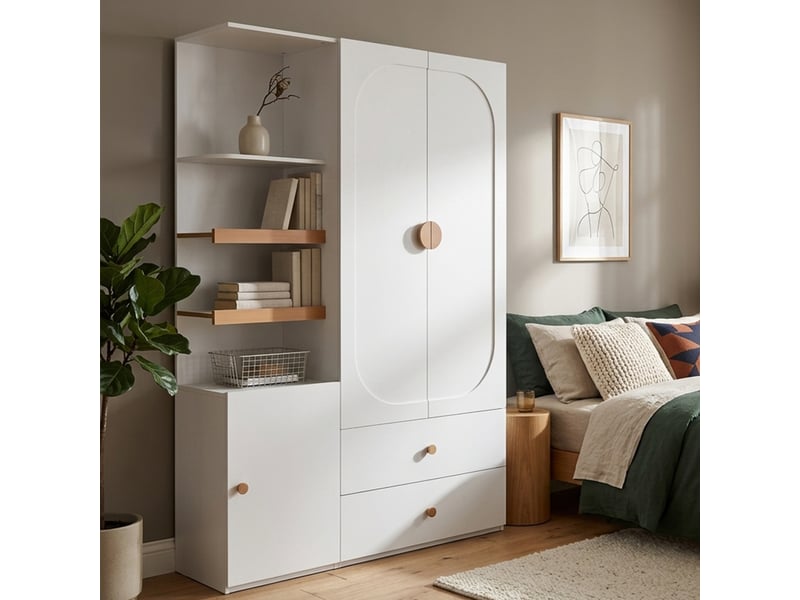  Armoire penderie 125x50x180 cm - 2 tiroirs - étagères ouvertes et rangements fermés - mdf - blanc et naturel CozyNest - Conforama D