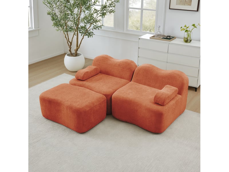  Canapé d'angle modulaire fixe 2 places en velours orange avec ottoman, forme vague pour le salon moderne  - Conforama E