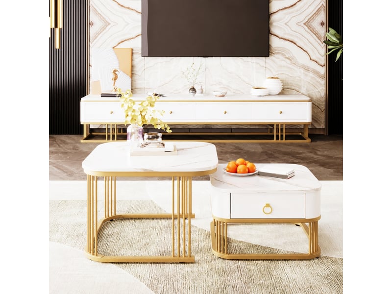  Ensemble de 2 tables basses gigognes effet marbre brillant blanc et doré avec tiroir, ø 60 et 50 cm  - Conforama D