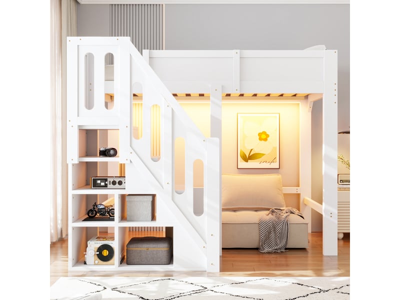  Lit mezzanine enfant 90x200 cm en bois avec escalier de rangement et éclairage led, avec escalier multifonction, pour chambre d’enfant - blanc  - Conforama D