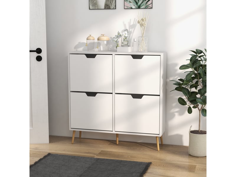  Meuble à chaussures étroit avec 4 tiroirs abattants et pieds en bois, rangement pour 16 paires de chaussures, 95 x 26 x 95 cm, blanc  - Conforama C