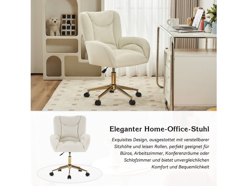  Chaise de bureau en velours beige à hauteur réglable, base métal doré et roulettes 360°, confort au quotidien  - Conforama D