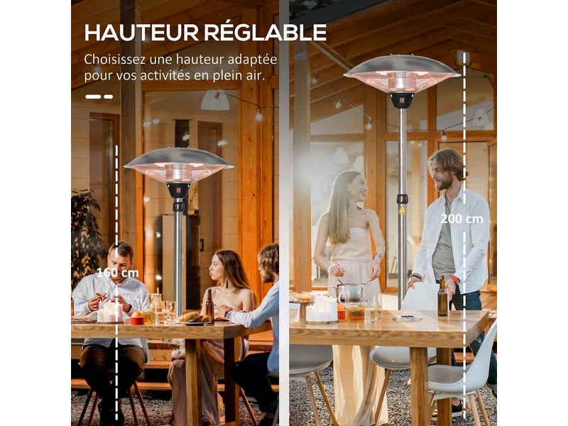 Parasol chauffant électrique 3000w chauffage infrarouge sur pied réglable 160-200cm acier inoxydable argent - Conforama D