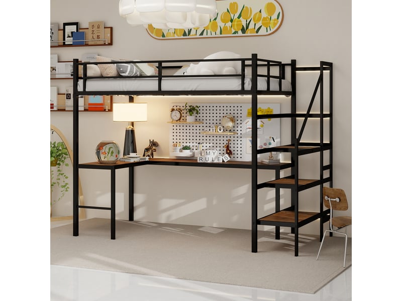 Lit mezzanine 90x190 cm avec bureau en l et escalier, métal, noir, sans matelas - Conforama W