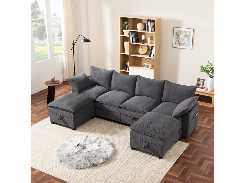  Canapé d'angle, canapé modulable, en velours côtelé, gris, porte-gobelets, repose-pieds, design moderne, usb  - Conforama D