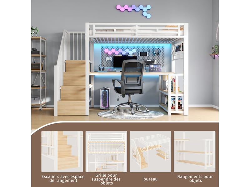  Lit mezzanine enfant 90 x 200 cm avec bureau intégré, rangements, structure en métal et mdf, led réglable par application  - Conforama E