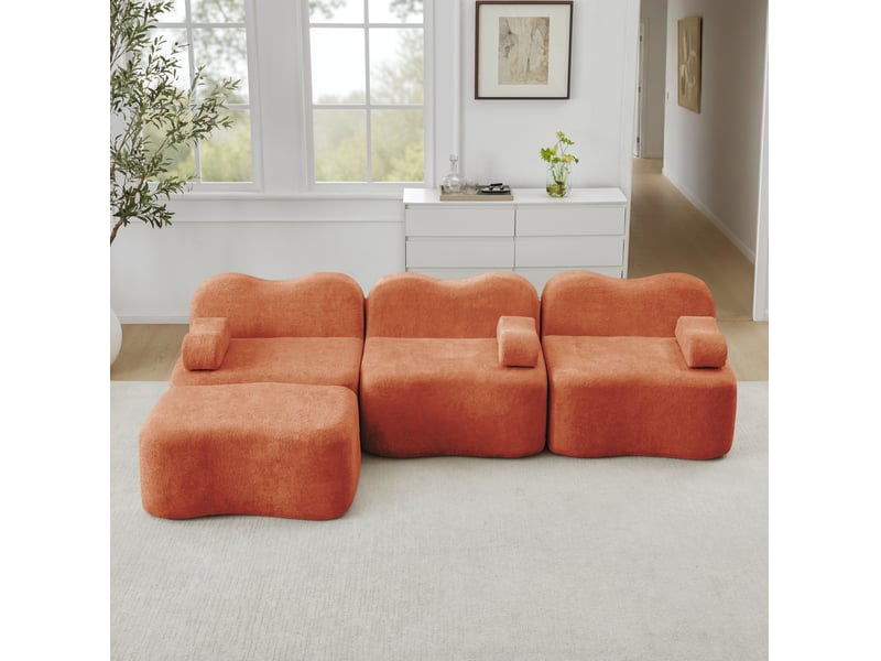 Canapé d'angle modulable 3 places en velours orange avec pouf - Conforama C