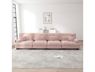 Canapé d'angle 4 places, avec couchage d'appoint, en tissu chenille, coloris rose, l406 x p77 x h81 cm, pour salon, gain de place