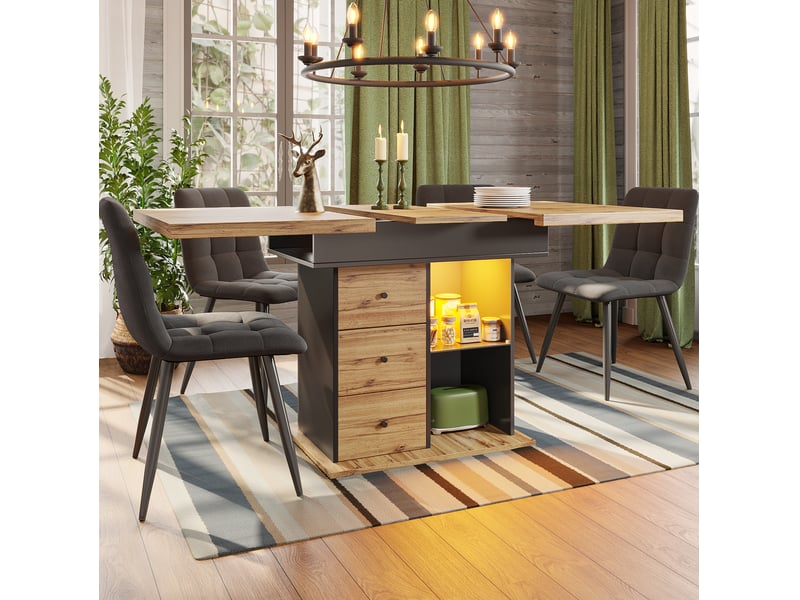 Table extensible (110)140×80x75cm avec tiroirs, éclairage led, design sobre, mdf, couleur naturel et noir - Conforama C