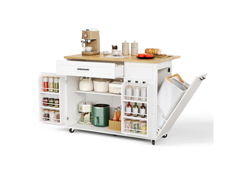 Îlot de cuisine mobile avec plan de travail rabattable, rangement et espace poubelle, îlot central blanc et bois sur roulettes, 130x70x93cm - Conforama A