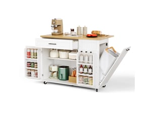 Îlot de cuisine mobile avec plan de travail rabattable, rangement et espace poubelle, îlot central blanc et bois sur roulettes, 130x70x93cm