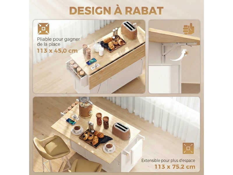  Îlot central cuisine avec plateau rabattable 2 prises et 2 ports usb desserte de cuisine sur roulettes 3 blanc tiroirs  - Conforama A