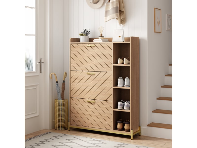  Meuble à chaussures à 3 portes abattantes avec étagères latérales ouvertes pour entrée en mdf naturel 90 × 24 × 119 cm  - Conforama D