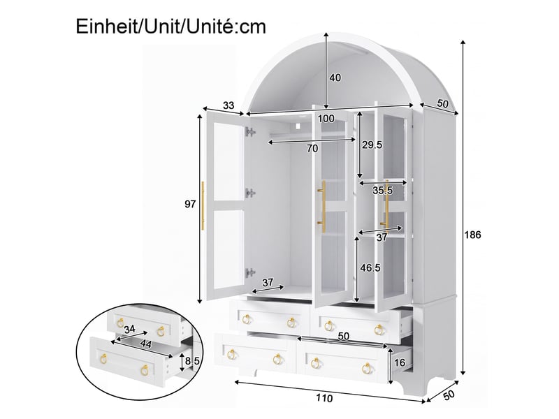  Armoire avec 3 portes vitrées, 4 tiroirs et led 110x50x186 cm blanche  - Conforama C