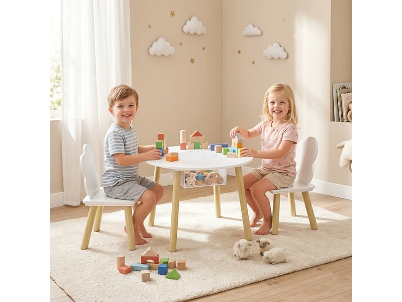  Table enfant + 2 chaises, sac filet, motif nuage. 3-6 ans, crèchesalle de classe, blanche.  - Conforama C