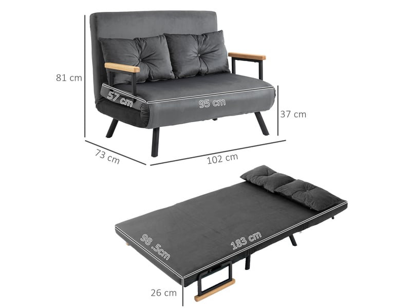  Fauteuil convertible avec dossier réglable et deux coussins, structure en acier et velours gris foncé  - Conforama C