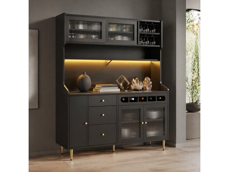  Buffet haut 145x39x171 cm noir, verre et mdf, avec led, étagères réglables et range-vins  - Conforama B