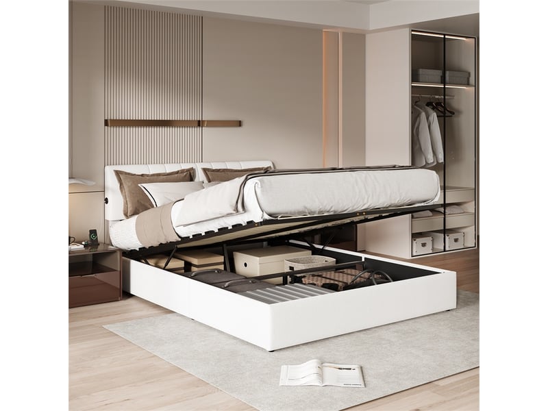  Lit 140x200cm - lit coffre 140x200cm - lit rembourré tissu peluche hydraulique prises usb type-c - blanc cassé  - Conforama C