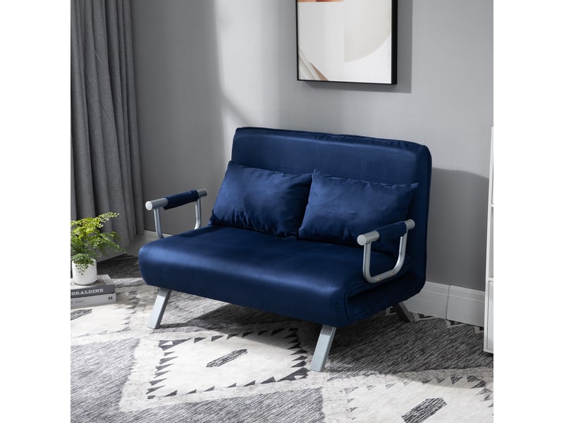 Canapé convertible, canapé-lit, 2 places, en velours, bleu, dossier réglable, finition capitonnée, chambre, pour salon - Conforama R