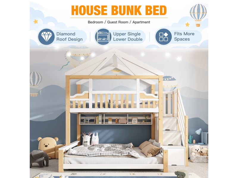 Lit superposé 90x200+140x200 cm avec toit diamant, bois, armoire escalier, étagère suspendue, sommier, en 747, blanc et bois naturel, sans matelas - Conforama D