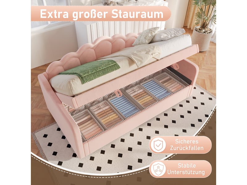  Lit de jour velours rose 90x200cm lit simple avec rangement hydraulique et bande led multicolore  - Conforama E
