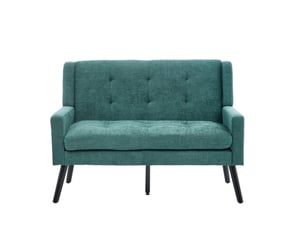 Banquette 2 places vert rétro, lin, pieds bois massif antidérapants, mousse haute densité, capitonnée, salonchambrebureau