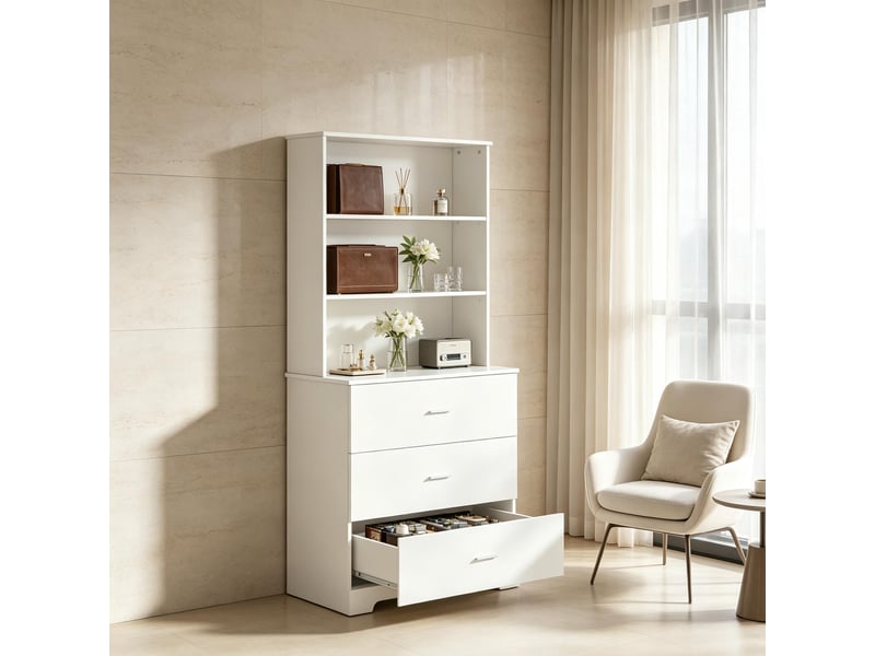  Bibliothèque 3 tiroirs et 3 étagères ouvertes pour salon en panneaux de particules 79×39,5×182,2 cm blanc  - Conforama C