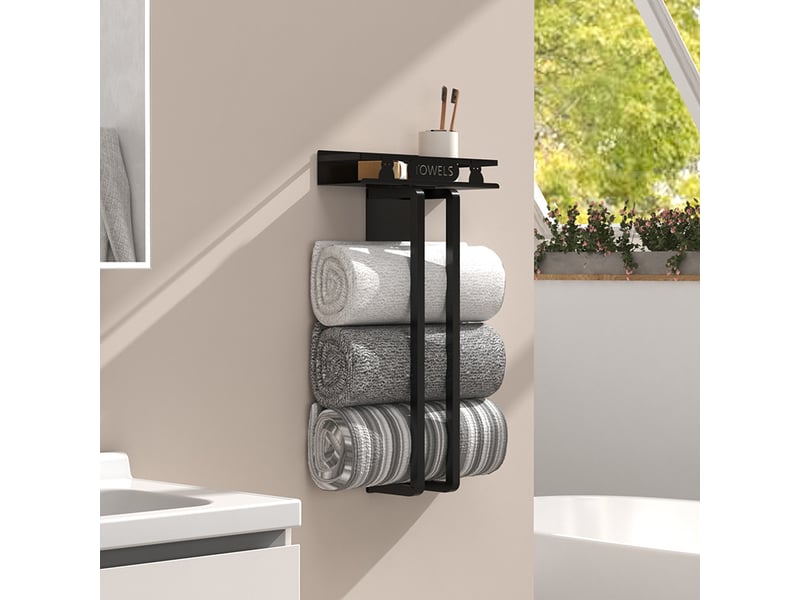  Portasciugamani da bagno, porta-asciugamani da 50 cm con mensola, porta-asciugamani nero per ospiti — adatto per cucina, bagno e camera da letto  - Conforama D