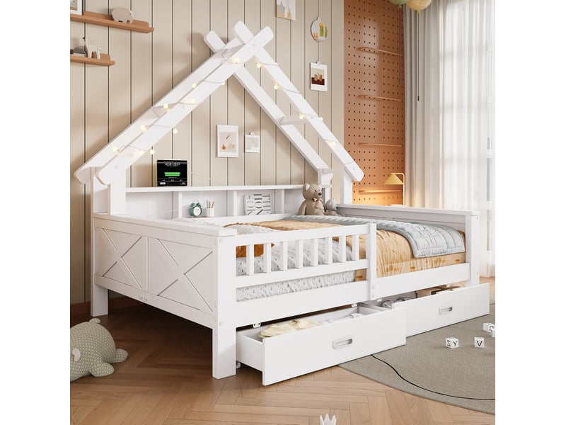  Lit enfant maison, 140x200 cm, cadre, rangements, lit 2 place avec led, matelas non inclus, mdf et bois, coloris blanc  - Conforama D