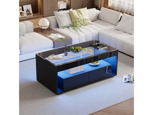 Table basse led noire, table de salon avec 2 tiroirs et double niveau, 100x50x40 cm, verre trempé, noir
