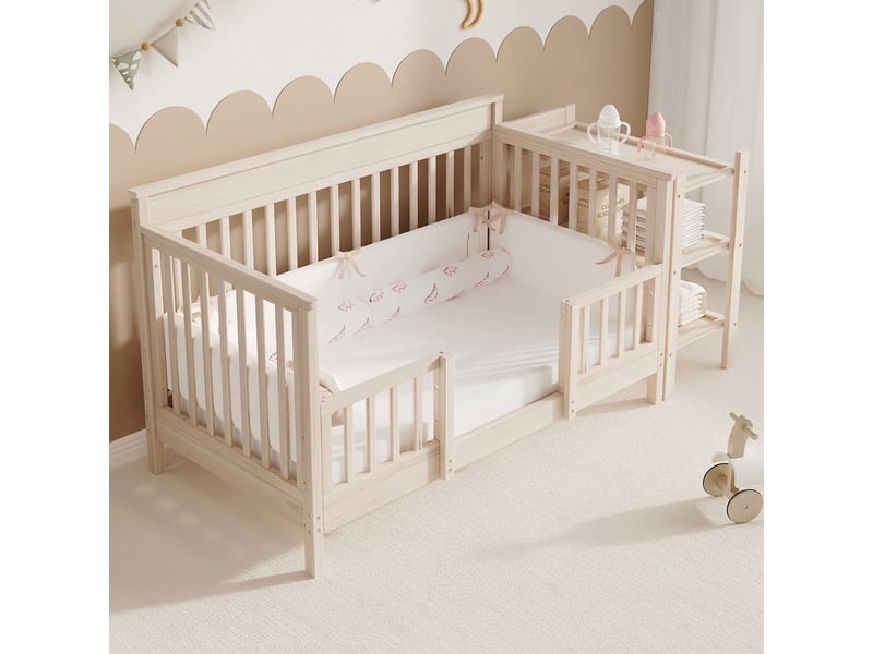  Lit bébé 3 en 1 184,5x74,5cm lit cododo avec table à langer amovible bois de pin massif naturel  - Conforama B