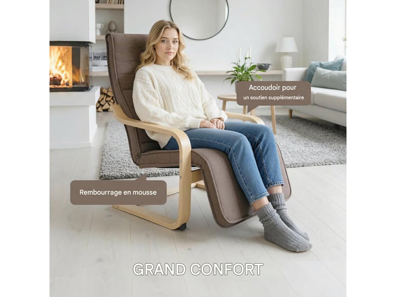  Fauteuil relax avec repose-pieds réglable bois de bouleau marron 66,5x94x100 cm  - Conforama E