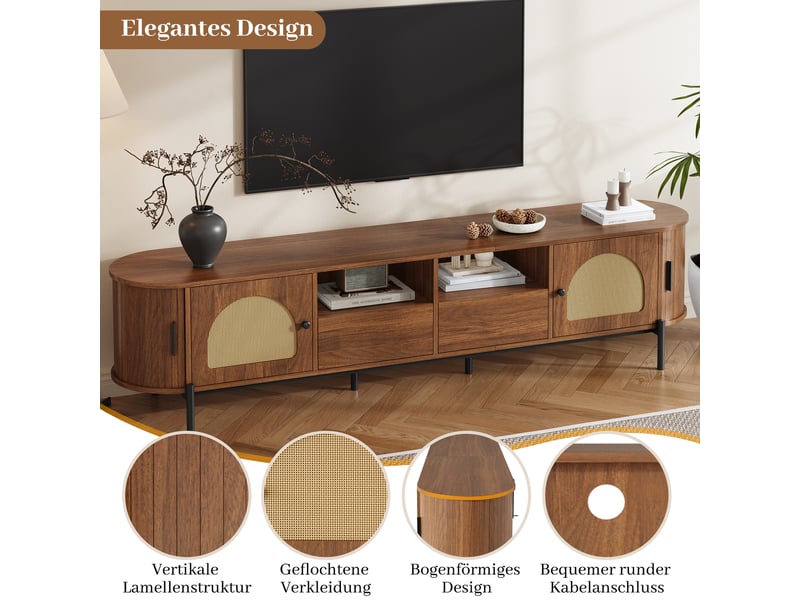  Meuble tv ovale rotin 200 cm - portes coulissantes et tiroirs - pieds métal noir - noyer  - Conforama E