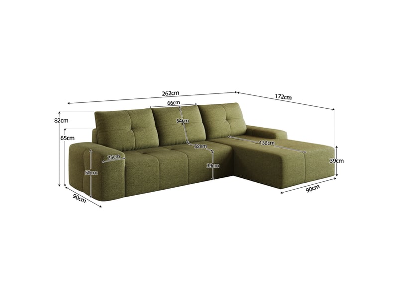  Canapé d'angle 262 cm en l avec méridienne à droite, canapé nuage en mousse compressée sous vide, design confortable pour salon, vert olive Seren Glow - Conforama C
