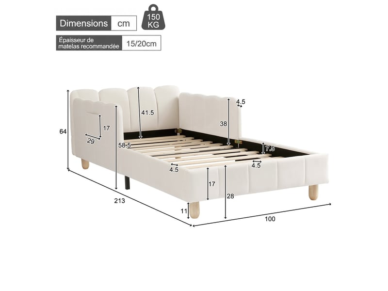  Lit enfant rembourré 90 x 200 cm avec tête de lit capitonnée et garde-corps, pieds en bois massif, velours beige  - Conforama C