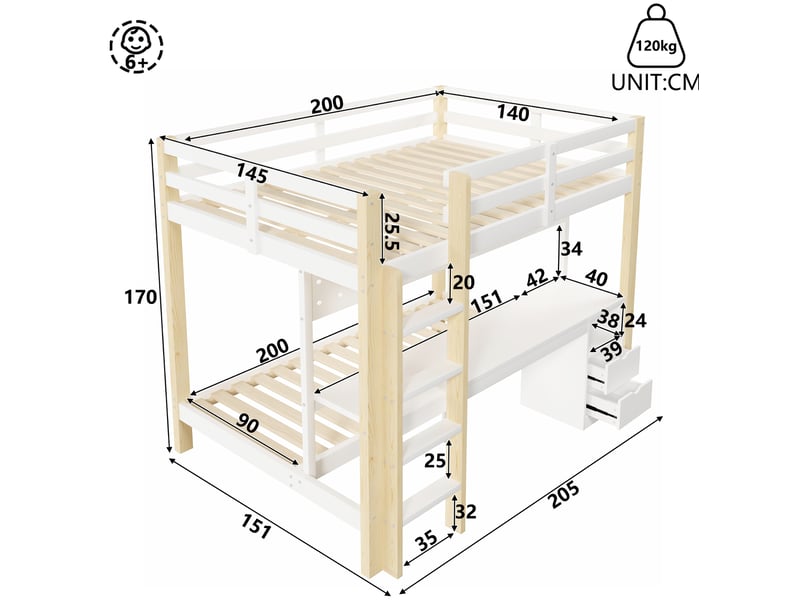  Lit superposé enfant 140x200 et 90x200 cm avec bureau, tiroirs et led  - Conforama C