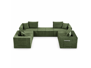 Canapé modulable 8 places en velours côtelé vert, assise souple et modules repositionnables